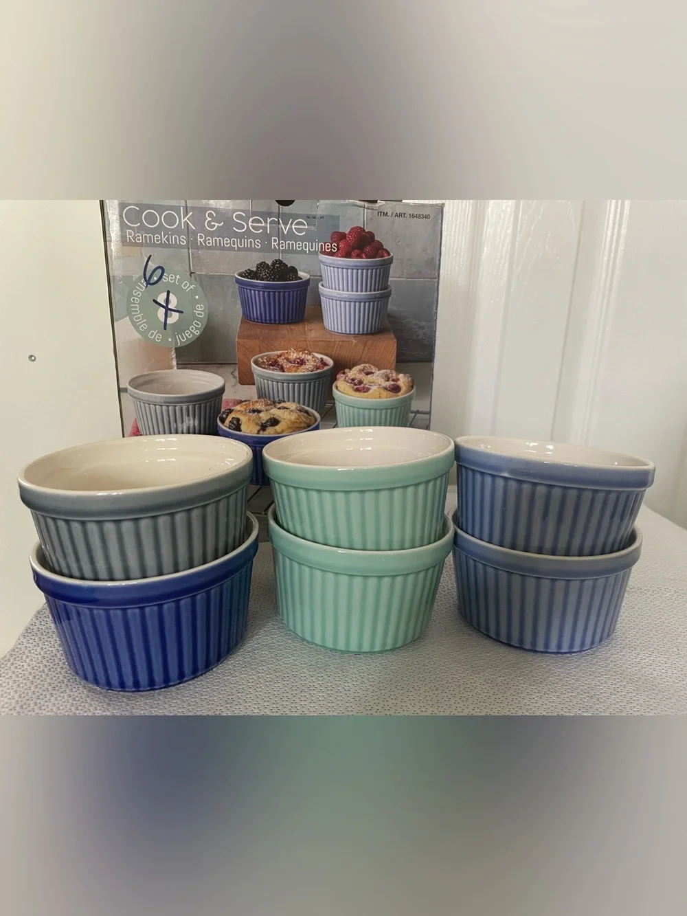 Cook & Serve Ribbed Ceramic Ramekins - Blue, Aqua, Gray Set of 6